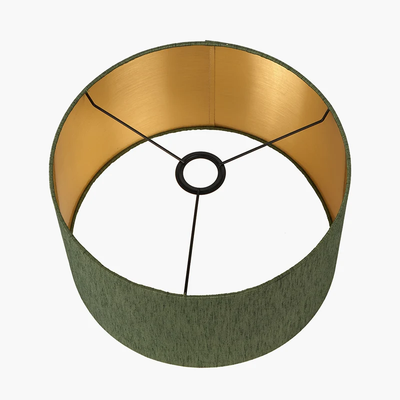 Ciara Clear Glass and Antique Brass Metal Table Lamp Base with Stellan 35cm Green Slubbed Silk Mix Gold Lined Cylinder Lampshade