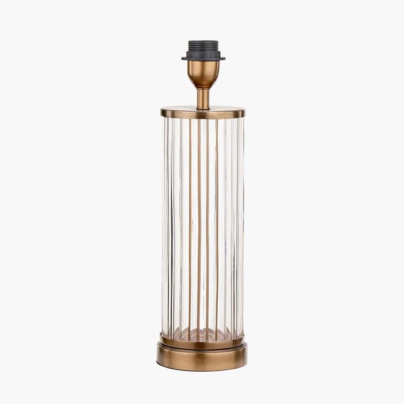 Ciara Clear Glass and Antique Brass Metal Table Lamp Base with Stellan 35cm Gold Slubbed Silk Mix Gold Lined Cylinder Lampshade