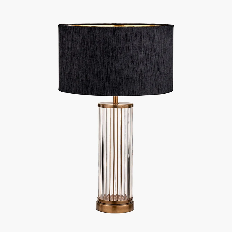 Ciara Clear Glass and Antique Brass Metal Table Lamp Base with Stellan 35cm Black Slubbed Silk Mix Gold Lined Cylinder Lampshade