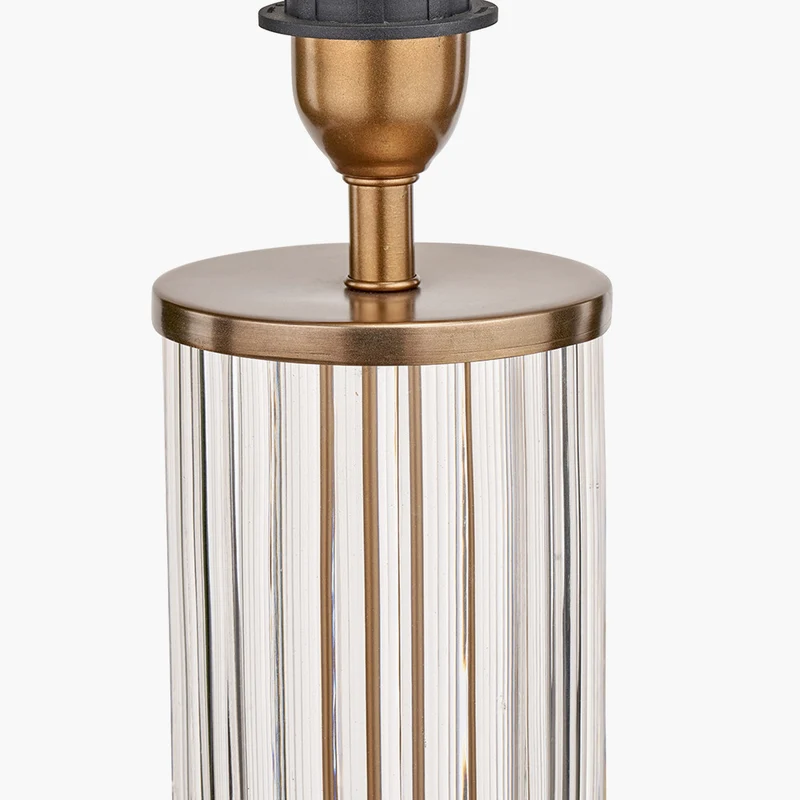 Ciara Clear Glass and Antique Brass Metal Table Lamp Base with Stellan 35cm Black Slubbed Silk Mix Gold Lined Cylinder Lampshade