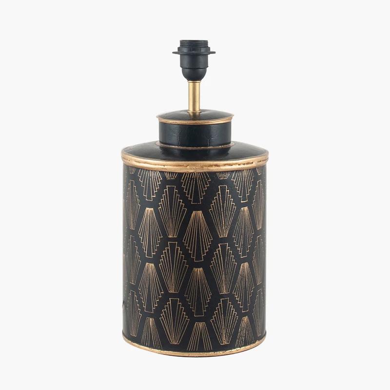 Chrysler Black Art Deco Hand Painted Table Lamp Base with Stellan 35cm Black Slubbed Silk Mix Gold Lined Cylinder Lampshade