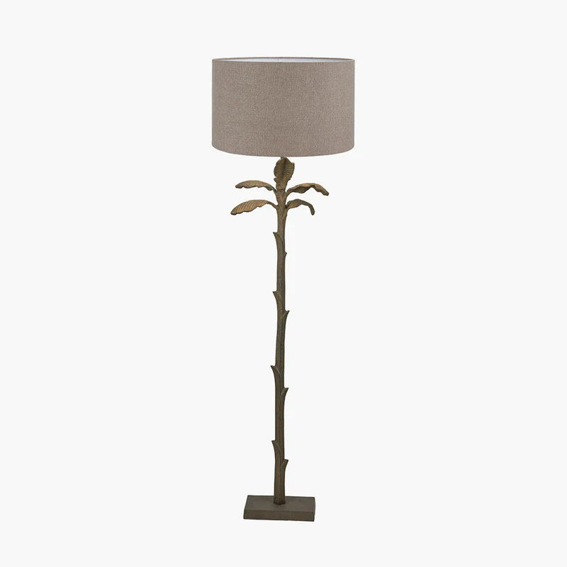 Bali Verdi Gris Metal Palm Tree Floor Lamp Base with Edward 50cm Natural Linen Cylinder Lampshade