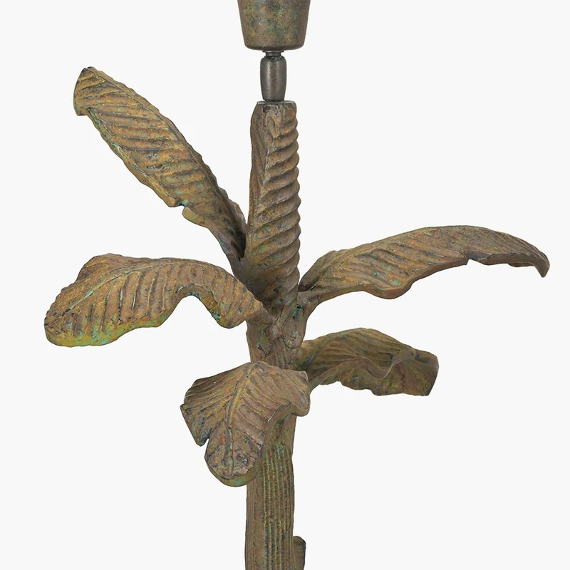 Bali Verdi Gris Metal Palm Tree Floor Lamp Base with Edward 50cm Natural Linen Cylinder Lampshade