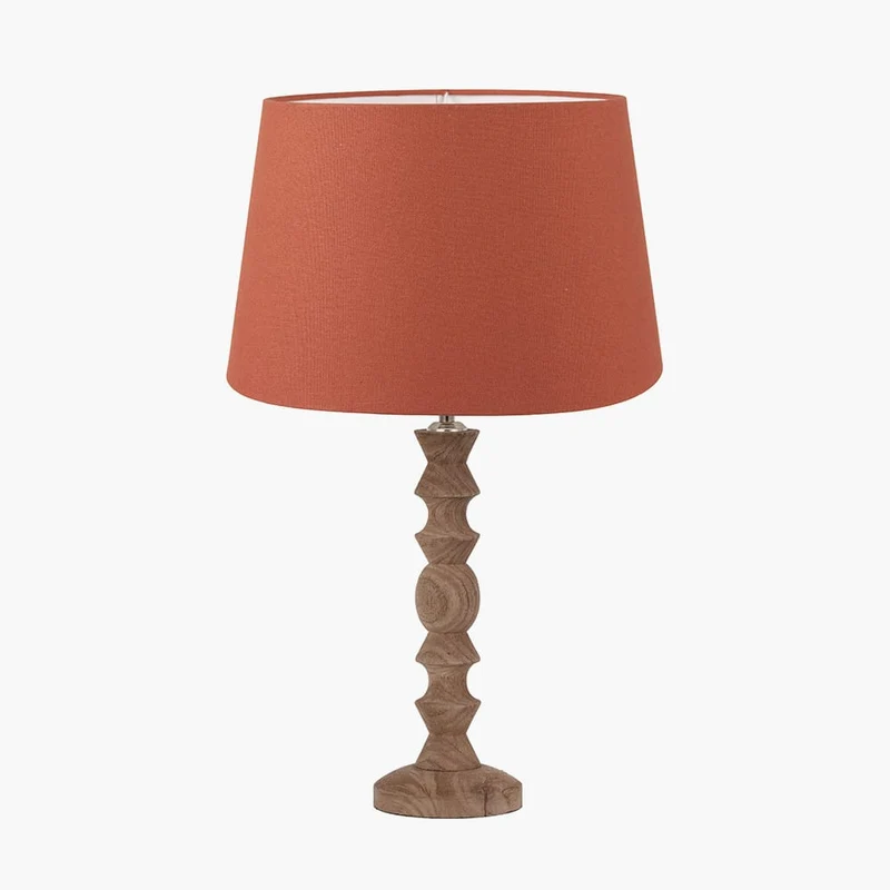 Ayra Natural Modernist Turned Wood Table Lamp Base with Winston 35cm Tobacco Handloom Tapered Lampshade