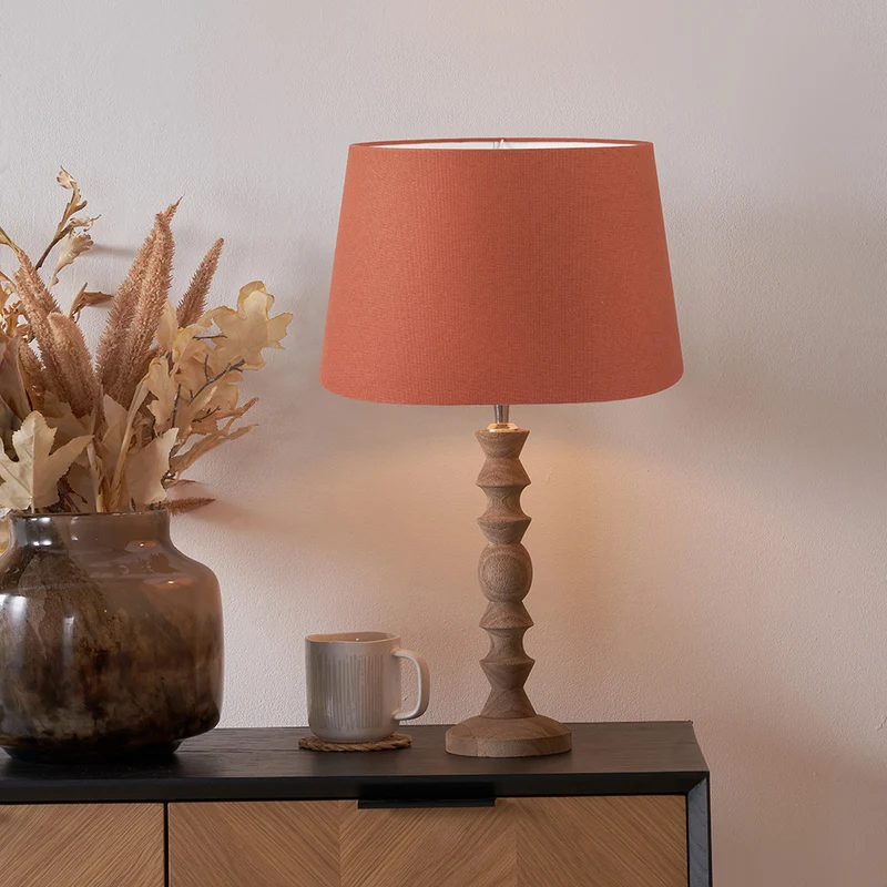 Ayra Natural Modernist Turned Wood Table Lamp Base with Winston 35cm Tobacco Handloom Tapered Lampshade