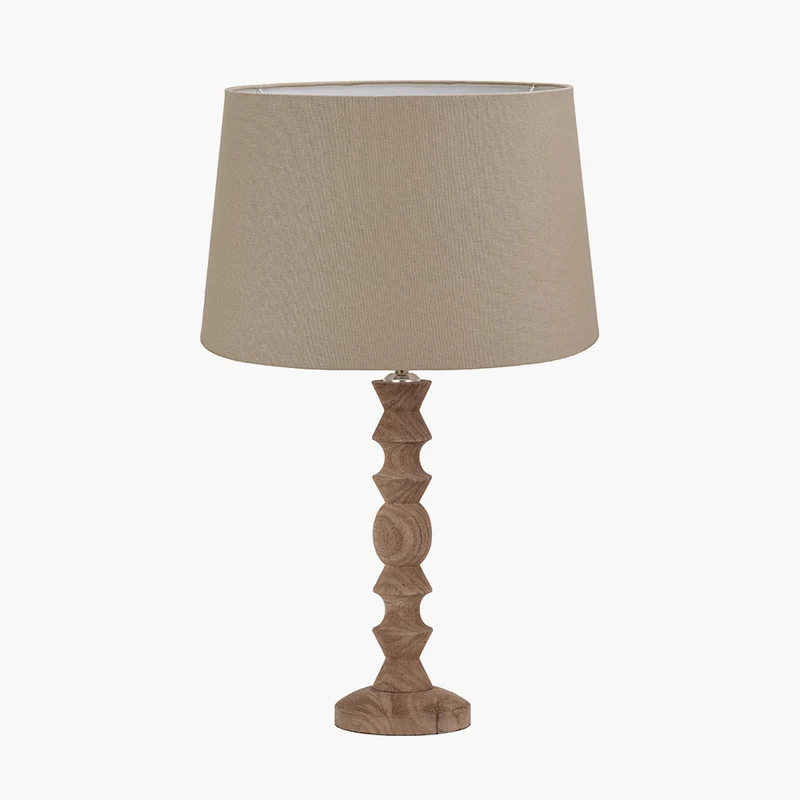 Ayra Natural Modernist Turned Wood Table Lamp Base with Winston 35cm Taupe Handloom Tapered Lampshade
