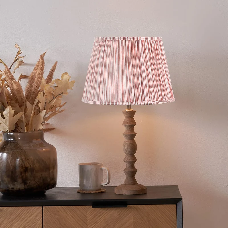 Ayra Natural Modernist Turned Wood Table Lamp Base with Thiago 35cm Cinnamon Stripe Mushroom Pleat Tapered Lampshade