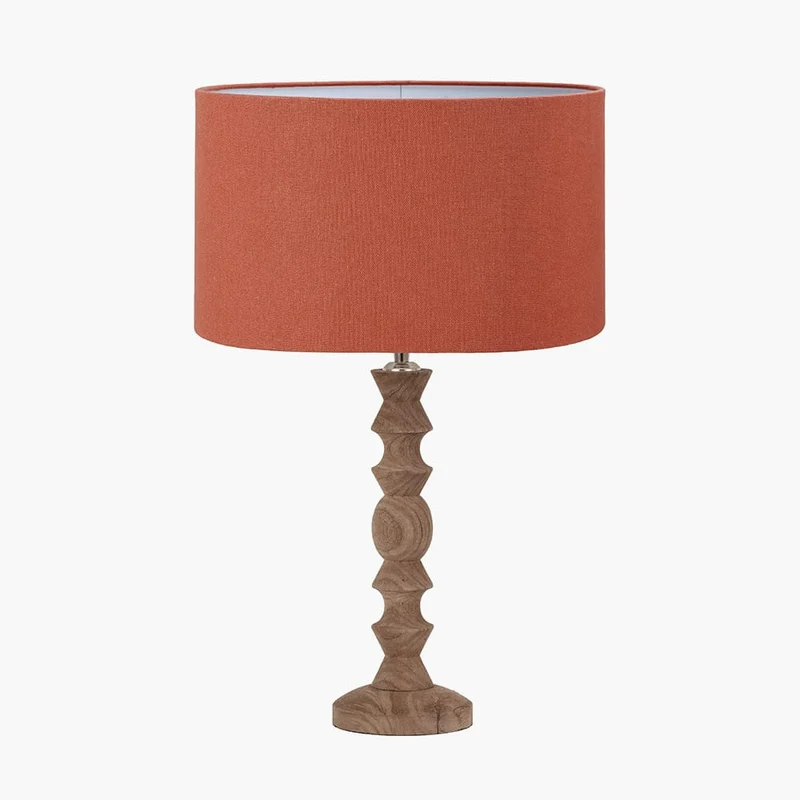 Ayra Natural Modernist Turned Wood Table Lamp Base with Henry 35cm Tobacco Handloom Cylinder Lampshade