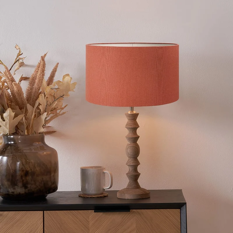 Ayra Natural Modernist Turned Wood Table Lamp Base with Henry 35cm Tobacco Handloom Cylinder Lampshade
