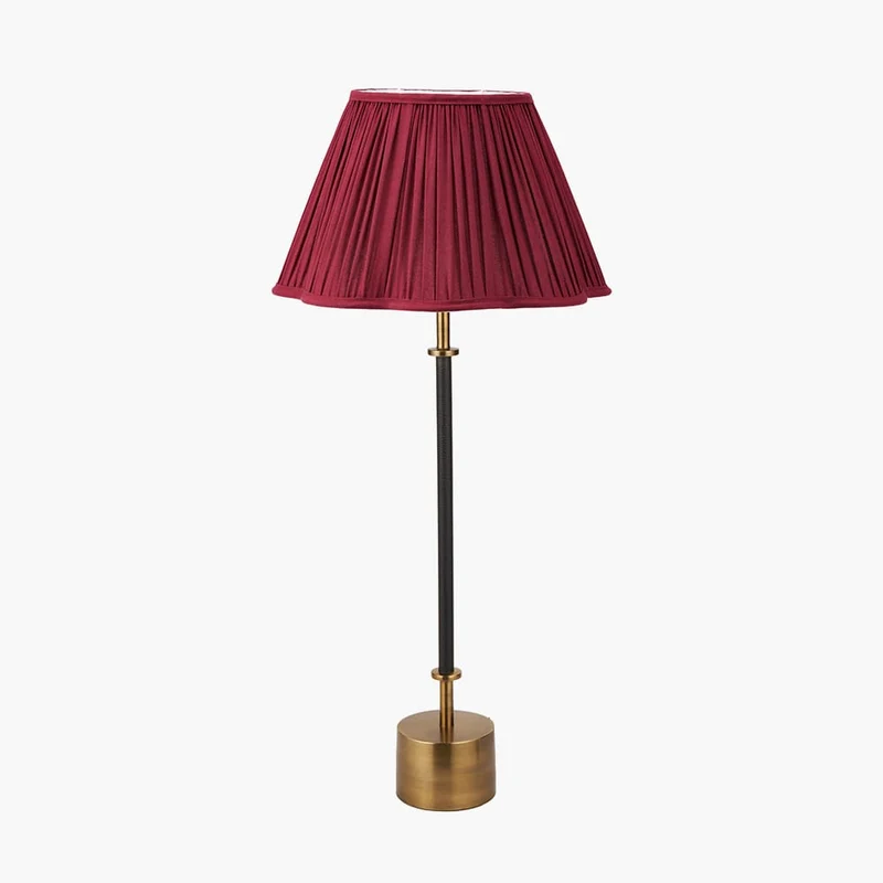 Antoine Black Croc and Antique Brass Metal Table Lamp Base with Malia 35cm Mulberry Red Mushroom Pleat Scalloped Tapered Lamp Shade