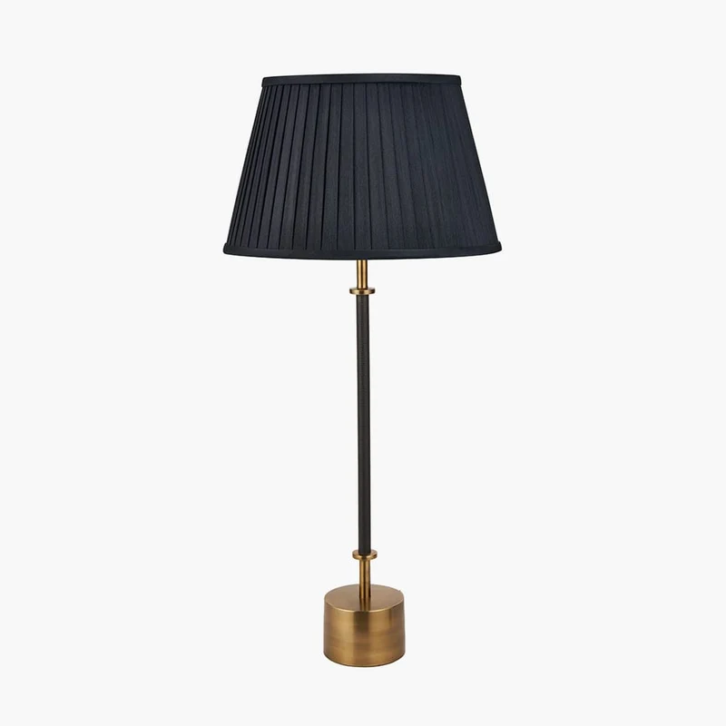 Antoine Black Croc and Antique Brass Metal Table Lamp Base with Lyndon 35cm Black Silk Mix Knife Pleat Tapered Lampshade