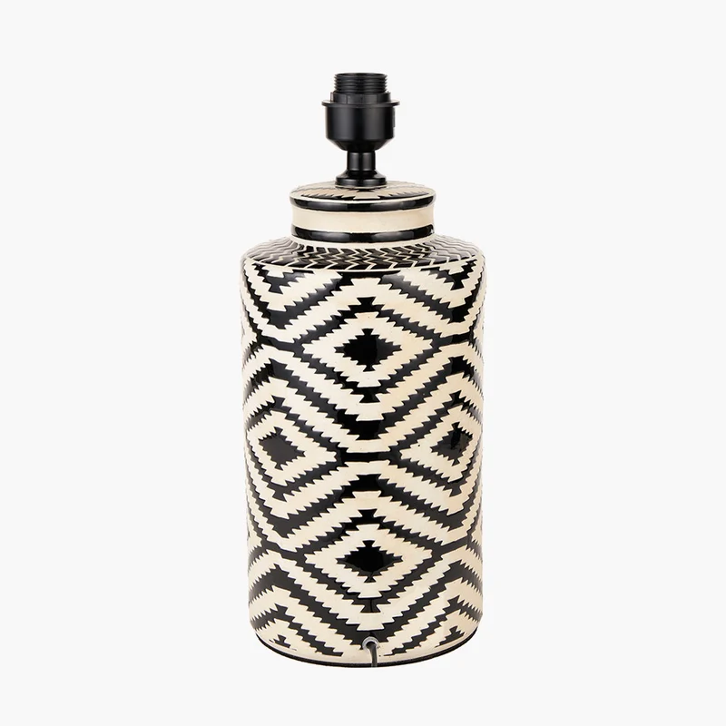 Chirala Black and White Tall Ikat Ceramic Table Lamp Base with Rouen 35cm White Boucle Cylinder Lampshade