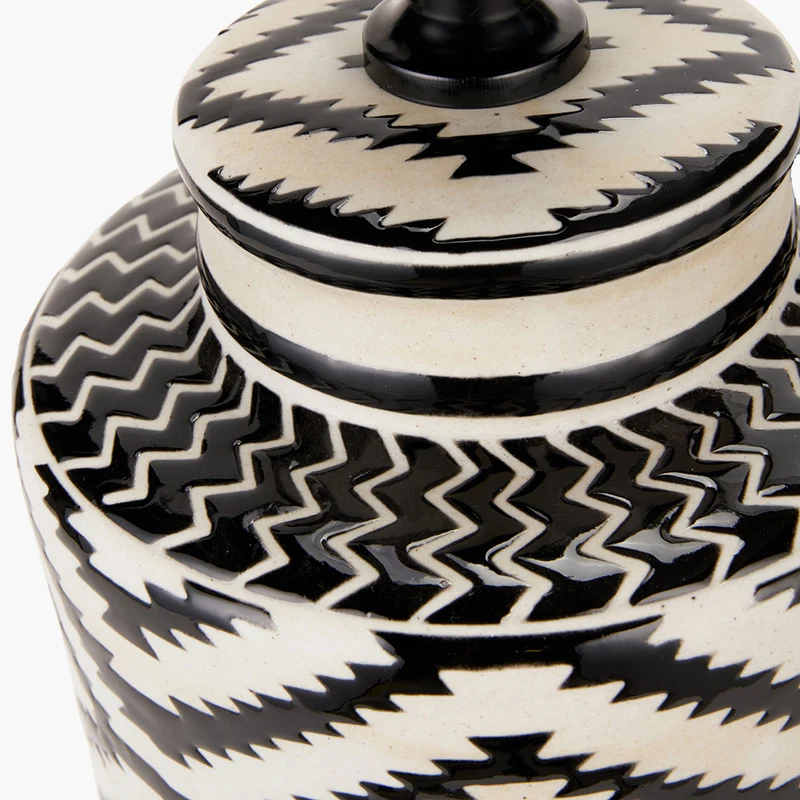 Chirala Black and White Tall Ikat Ceramic Table Lamp Base with Lino 40cm White Self Lined Linen Cylinder Lampshade