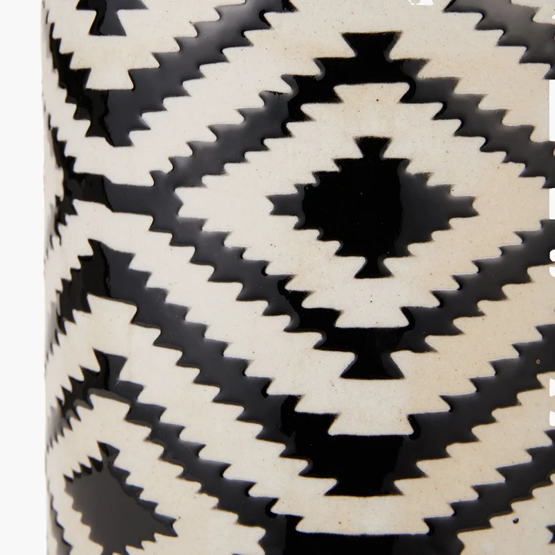 Chirala Black and White Tall Ikat Ceramic Table Lamp Base with Lino 40cm White Self Lined Linen Cylinder Lampshade