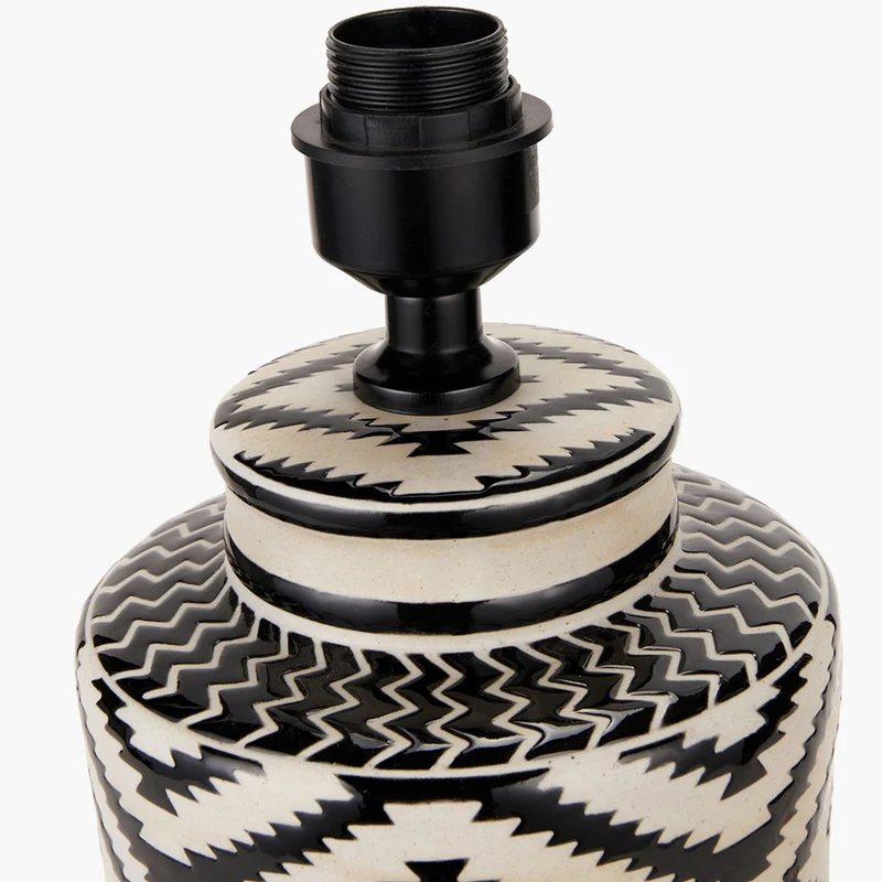 Chirala Black and White Tall Ikat Ceramic Table Lamp Base with Bow 40cm Forest Green Velvet Cylinder Lampshade