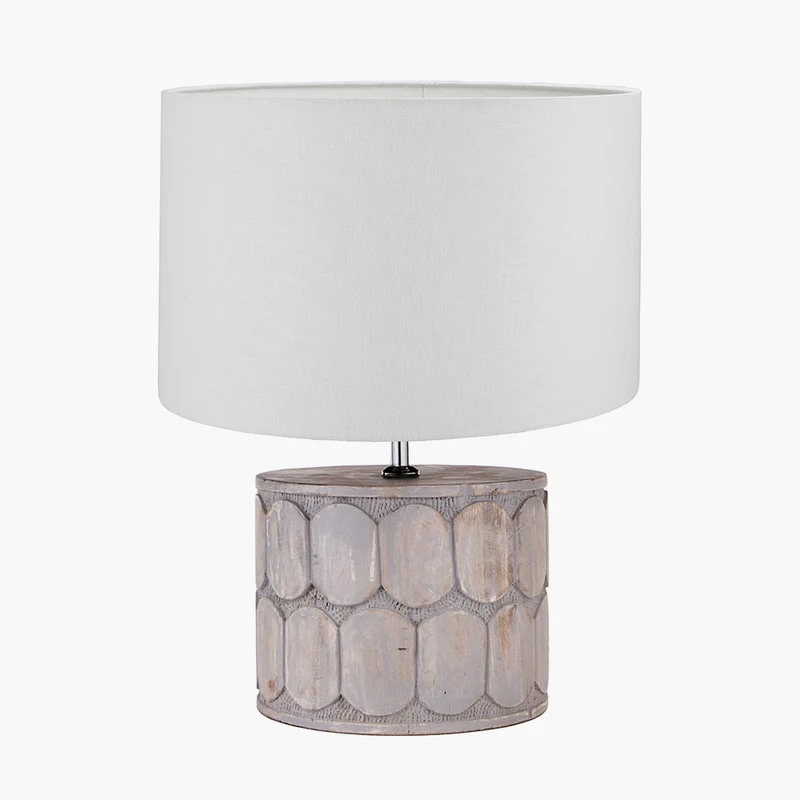 Cezara Embossed Grey Wood Wide Table Lamp Base with Lino 35cm White Self Lined Linen Cylinder Lampshade