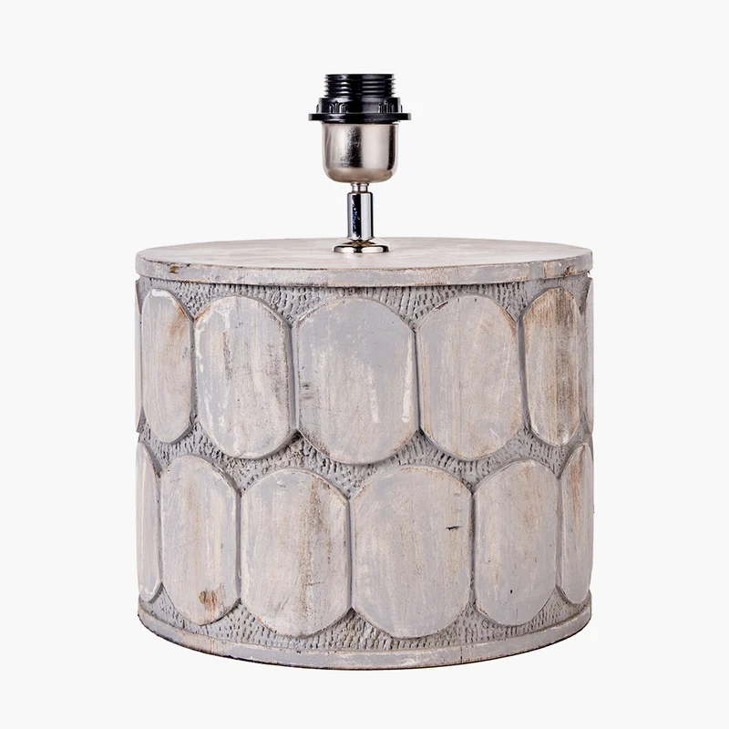 Cezara Embossed Grey Wood Wide Table Lamp Base with Lino 35cm White Self Lined Linen Cylinder Lampshade