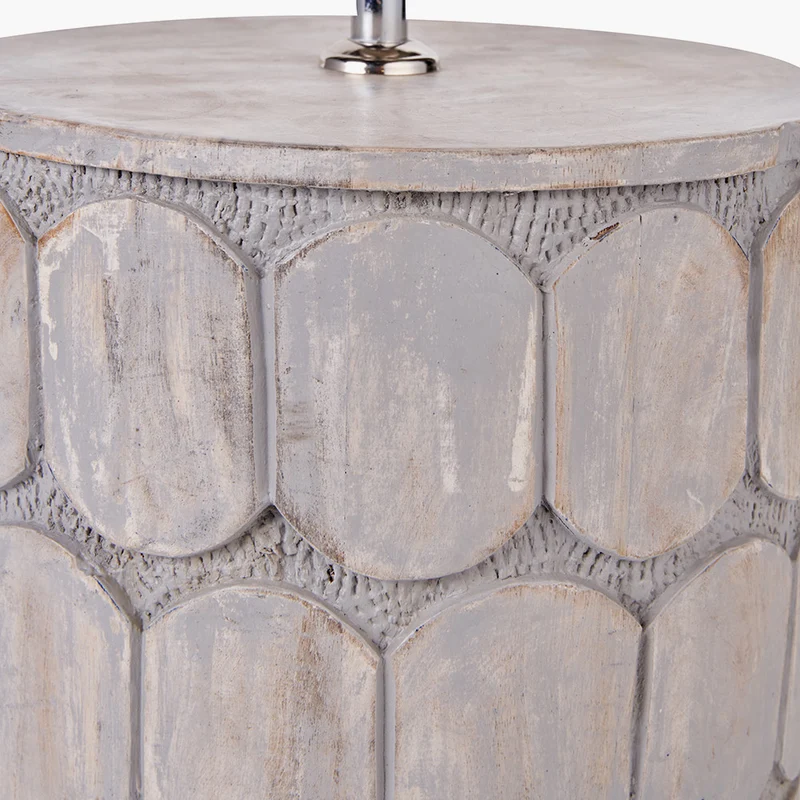 Cezara Embossed Grey Wood Wide Table Lamp Base with Lino 35cm White Self Lined Linen Cylinder Lampshade