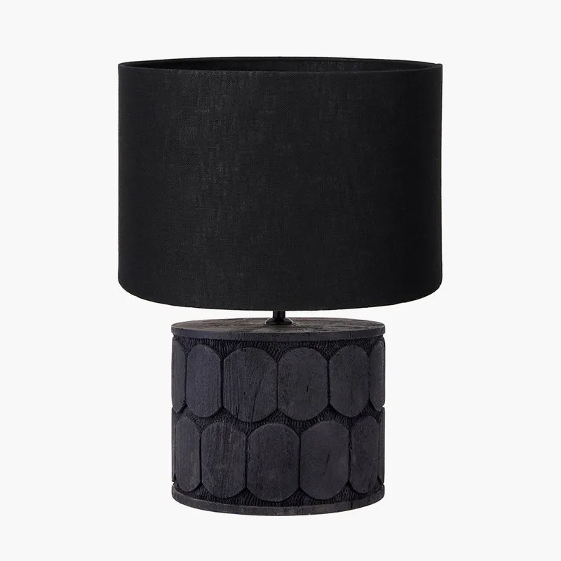 Cezara Embossed Black Wood Wide Table Lamp Base with Lino 35cm Black Self Lined Linen Cylinder Lampshade