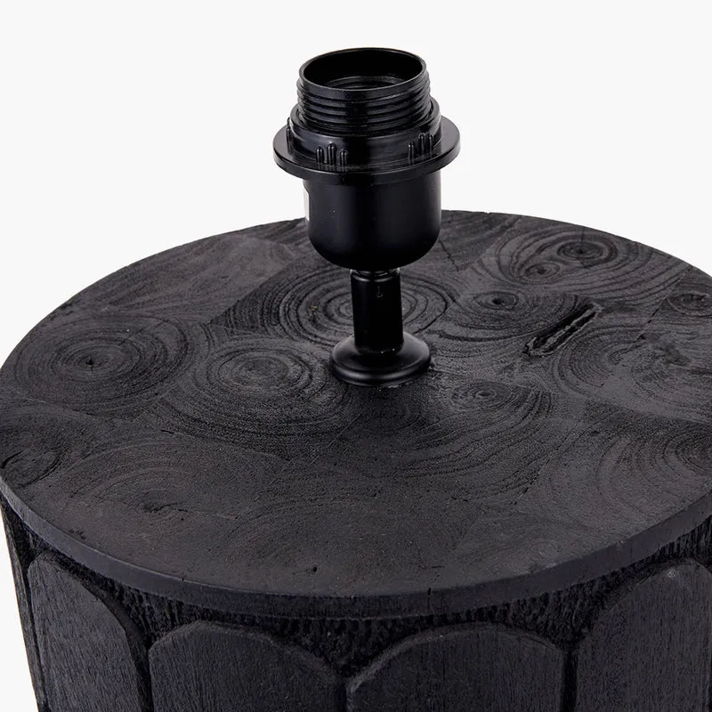 Cezara Embossed Black Wood Wide Table Lamp Base with Lino 35cm Black Self Lined Linen Cylinder Lampshade
