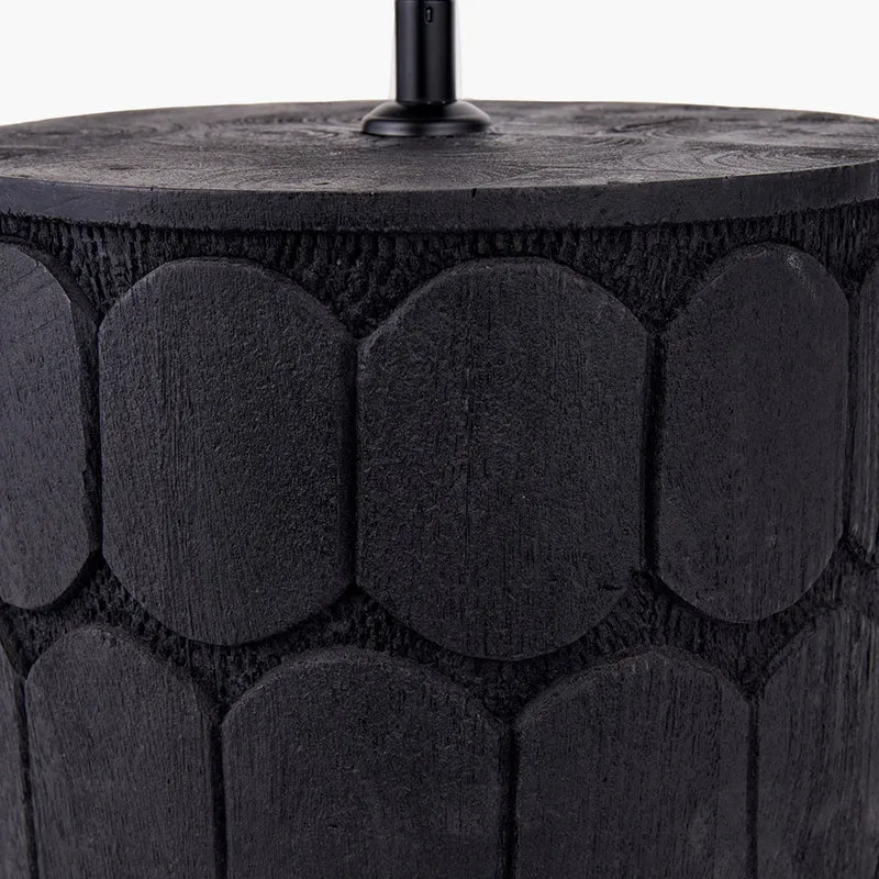Cezara Embossed Black Wood Wide Table Lamp Base with Lino 35cm Black Self Lined Linen Cylinder Lampshade