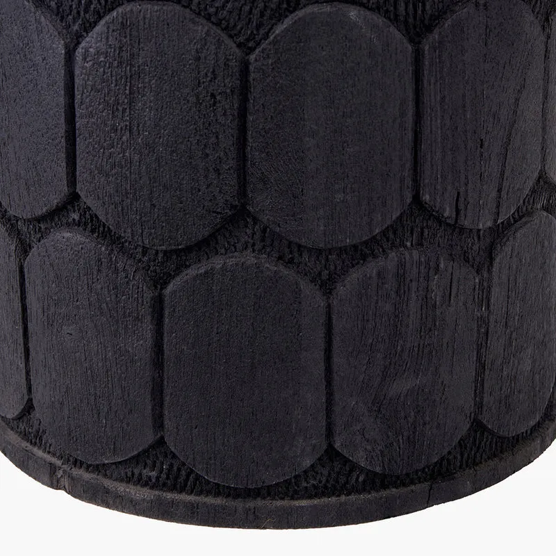 Cezara Embossed Black Wood Wide Table Lamp Base with Lino 35cm Black Self Lined Linen Cylinder Lampshade