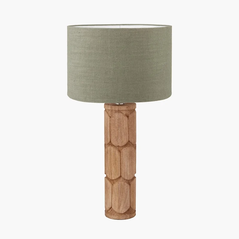 Aurelia Embossed Natural Wood Tall Table Lamp Base with Edward 35cm Pistachio Green Linen Cylinder Lampshade