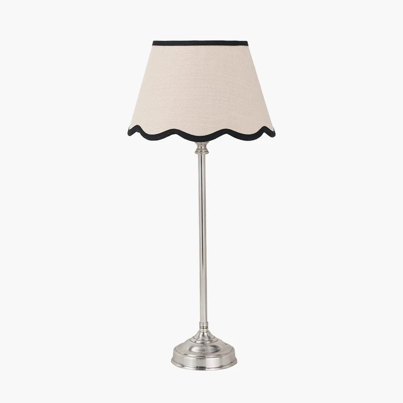 Auden Silver Metal Stick Table Lamp Base with Tabitha 25cm Cream Jute Scalloped Edge Tapered Lamp Shade with Contrast Binding
