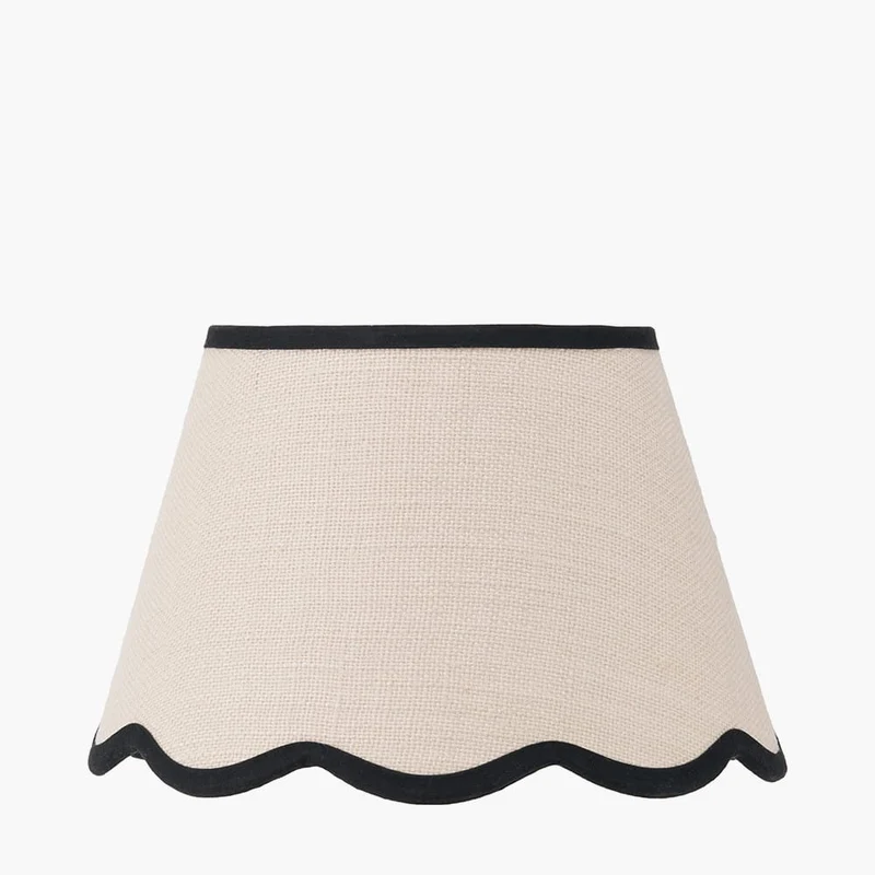 Auden Silver Metal Stick Table Lamp Base with Tabitha 25cm Cream Jute Scalloped Edge Tapered Lamp Shade with Contrast Binding