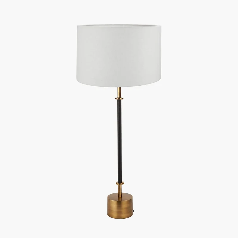 Antoine Black Croc and Antique Brass Metal Table Lamp Base with Lino 35cm White Self Lined Linen Cylinder Lampshade