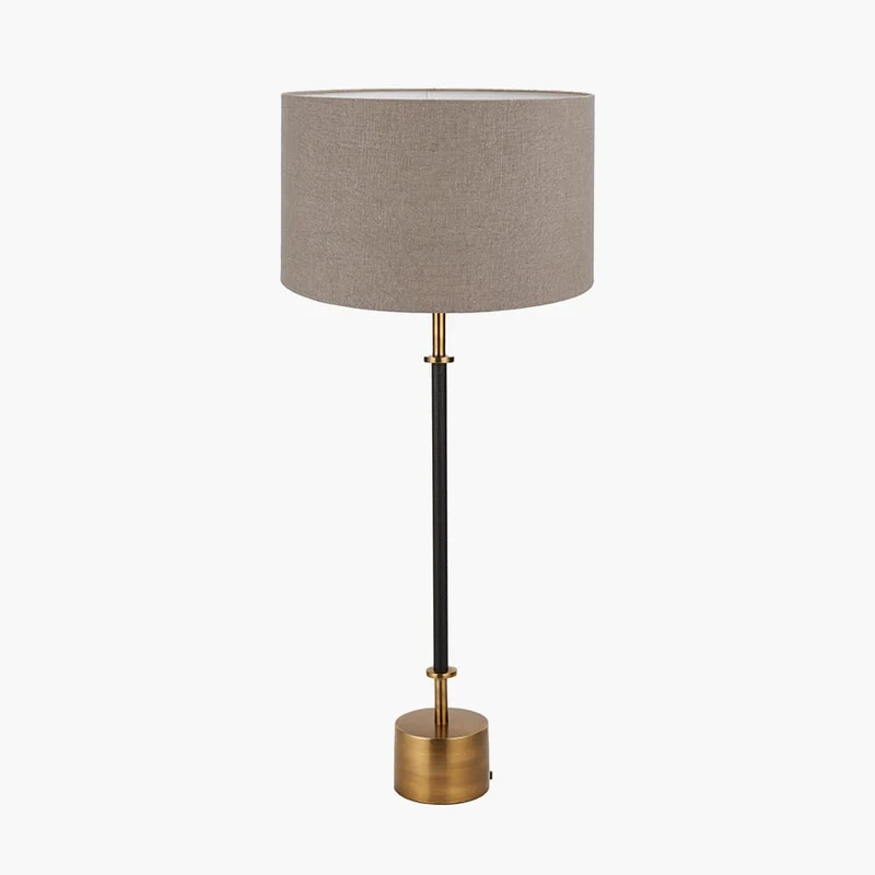 Antoine Black Croc and Antique Brass Metal Table Lamp Base with Edward 35cm Natural Linen Cylinder Lampshade