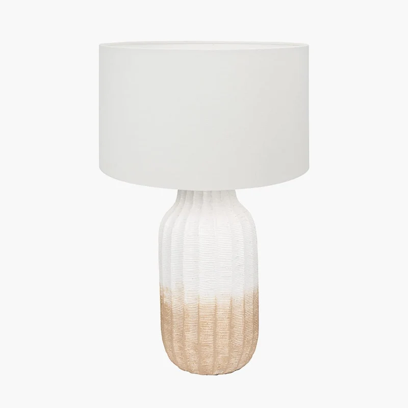 Amalia Natural Ombre Textured Stoneware Tall Table Lamp Base with Henry 35cm White Handloom Cylinder Lampshade