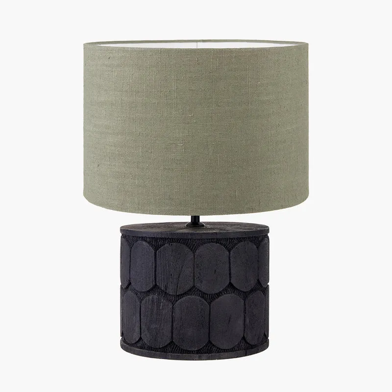 Cezara Embossed Black Wood Wide Table Lamp Base with Edward 35cm Pistachio Green Linen Cylinder Lampshade
