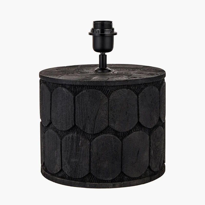 Cezara Embossed Black Wood Wide Table Lamp Base with Edward 35cm Natural Linen Cylinder Lampshade