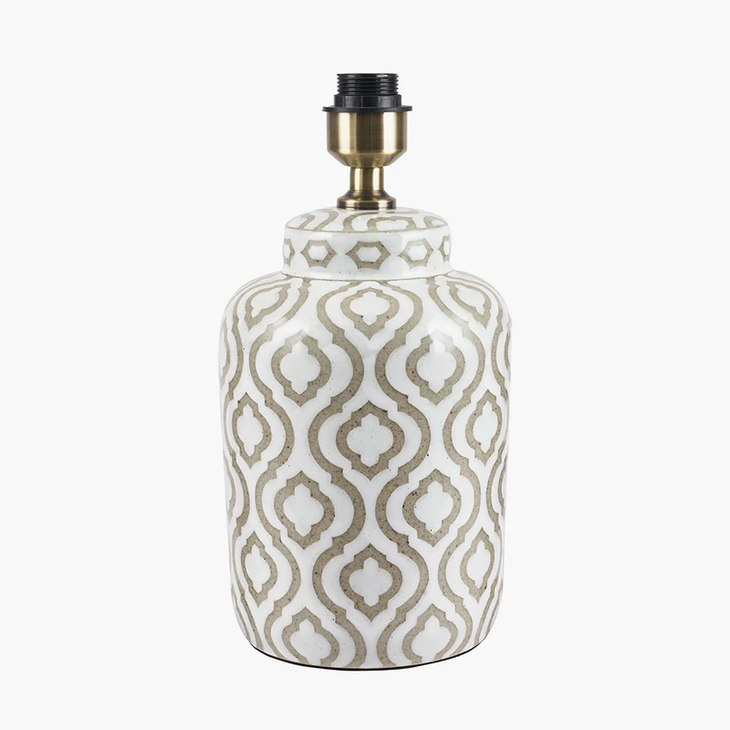 Celia Taupe and White Pattern Ceramic Table Lamp Base with Harry 30cm Taupe Cotton Mix Cylinder Lampshade