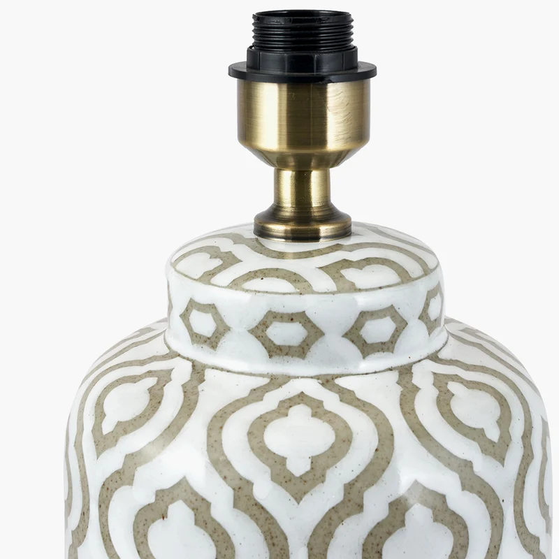 Celia Taupe and White Pattern Ceramic Table Lamp Base with Harry 30cm Taupe Cotton Mix Cylinder Lampshade