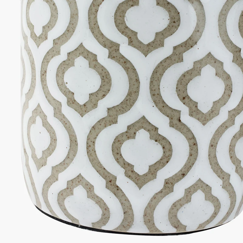 Celia Taupe and White Pattern Ceramic Table Lamp Base with Harry 30cm Taupe Cotton Mix Cylinder Lampshade