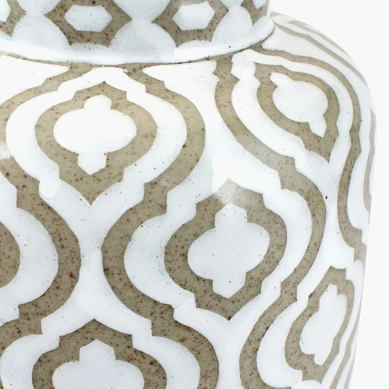Celia Taupe and White Pattern Ceramic Table Lamp Base with Harry 30cm Taupe Cotton Mix Cylinder Lampshade