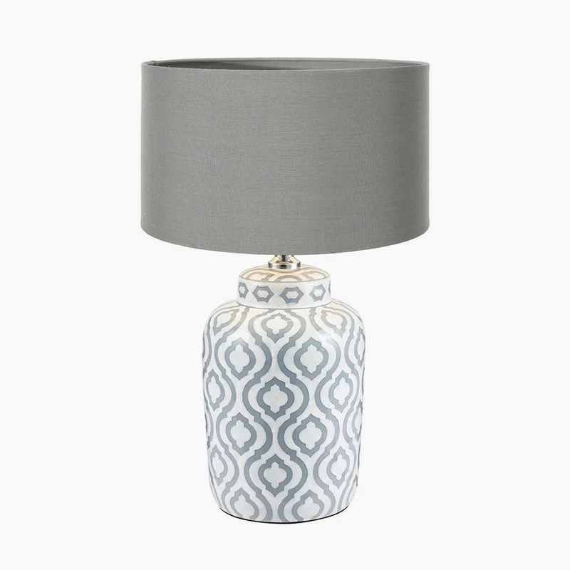 Celia Grey and White Pattern Ceramic Table Lamp Base with Harry 30cm Steel Grey Cotton Mix Cylinder Lampshade