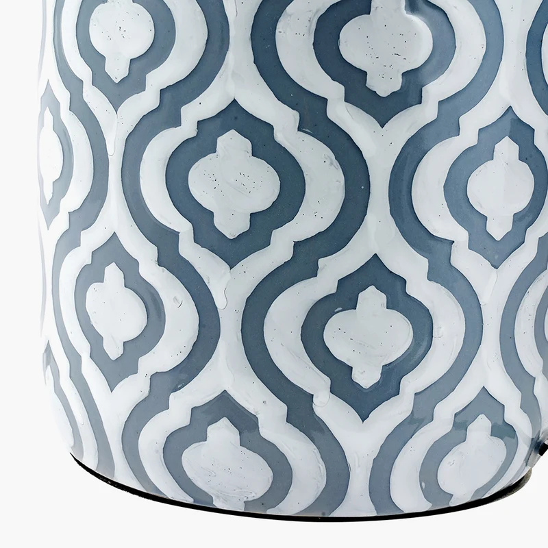 Celia Grey and White Pattern Ceramic Table Lamp Base with Harry 30cm Steel Grey Cotton Mix Cylinder Lampshade