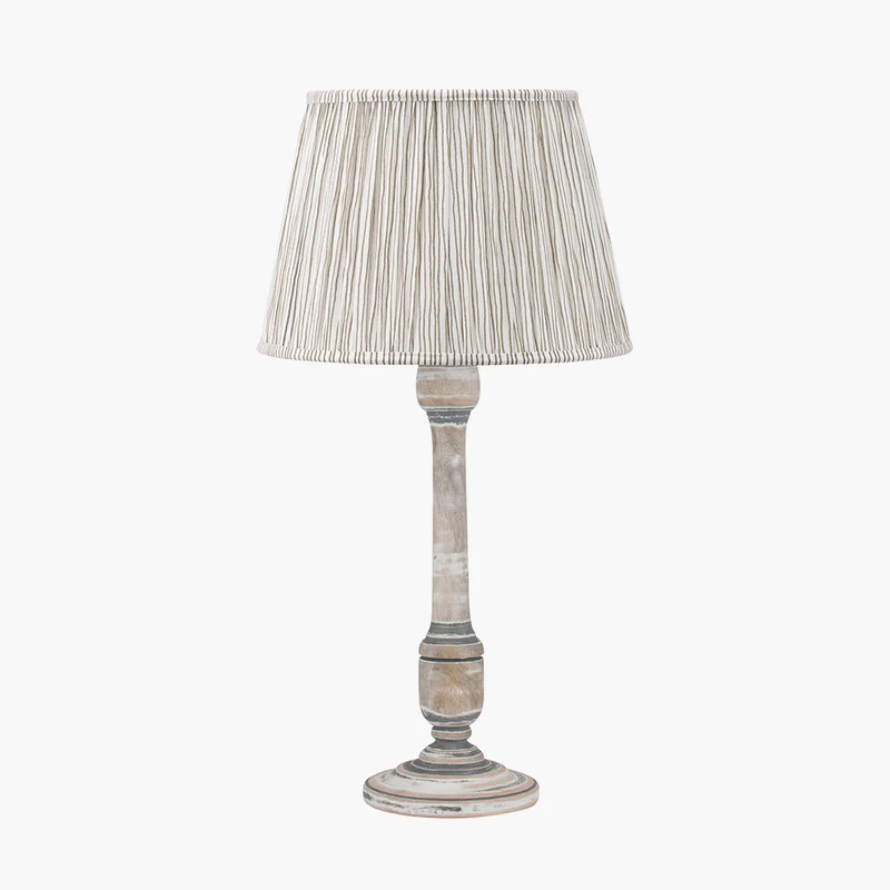 Captiva Grey Wash Mango Wood Table Lamp Base with Thiago 35cm Natural Stripe Mushroom Pleat Tapered Lampshade