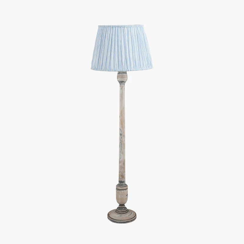 Captiva Grey Wash Mango Wood Floor Lamp Base with Thiago 45cm Ocean Blue Stripe Mushroom Pleat Tapered Lampshade
