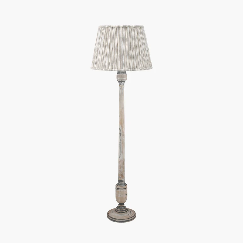 Captiva Grey Wash Mango Wood Floor Lamp Base with Thiago 45cm Natural Stripe Mushroom Pleat Tapered Lampshade