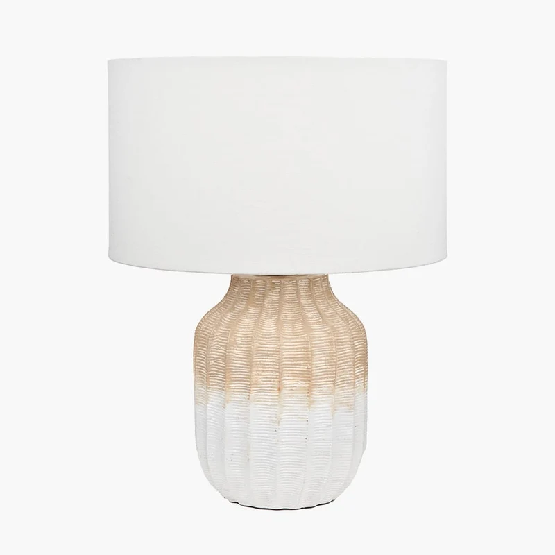 Amalia Natural Ombre Textured Stoneware Table Lamp Base with Henry 30cm White Handloom Cylinder Lampshade