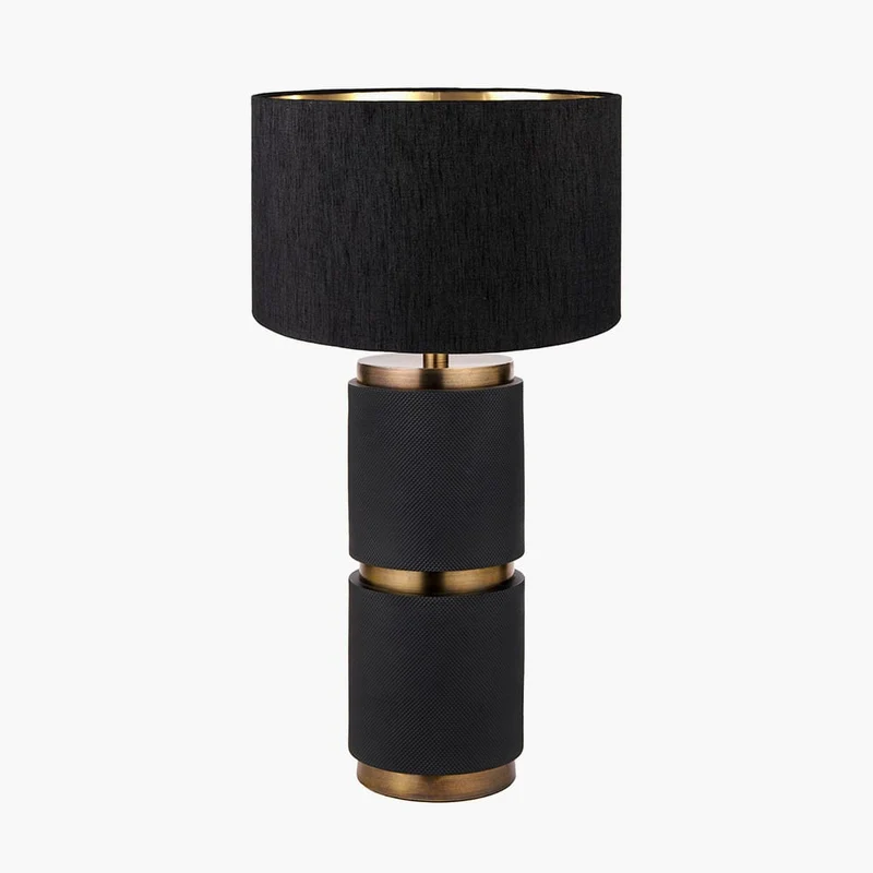 Alnico Black and Brass Metal Textured Table Lamp Base with Stellan 35cm Black Slubbed Silk Mix Gold Lined Cylinder Lampshade
