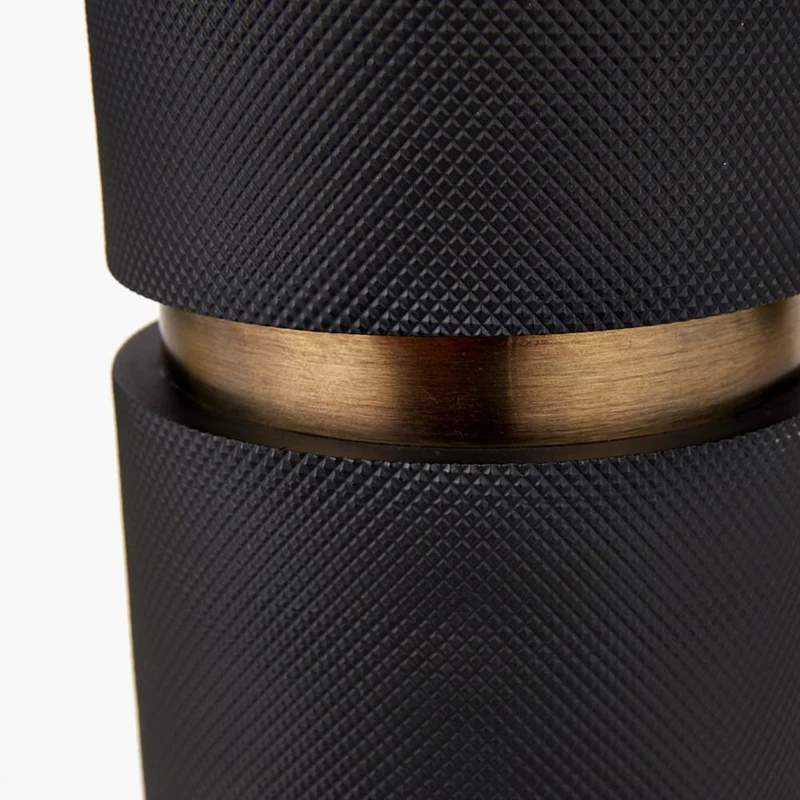 Alnico Black and Brass Metal Textured Table Lamp Base with Stellan 35cm Black Slubbed Silk Mix Gold Lined Cylinder Lampshade