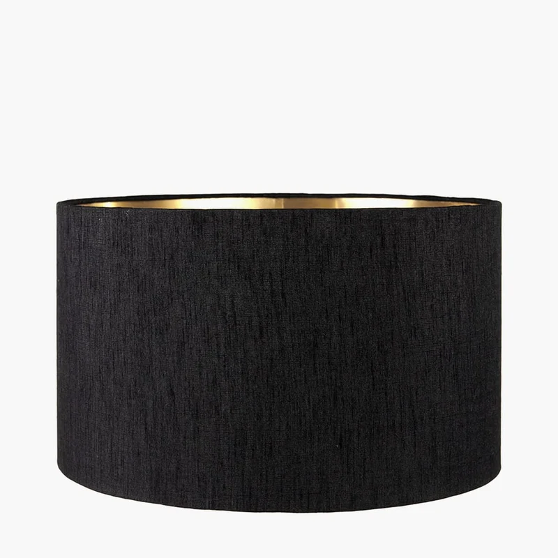 Alnico Black and Brass Metal Textured Table Lamp Base with Stellan 35cm Black Slubbed Silk Mix Gold Lined Cylinder Lampshade