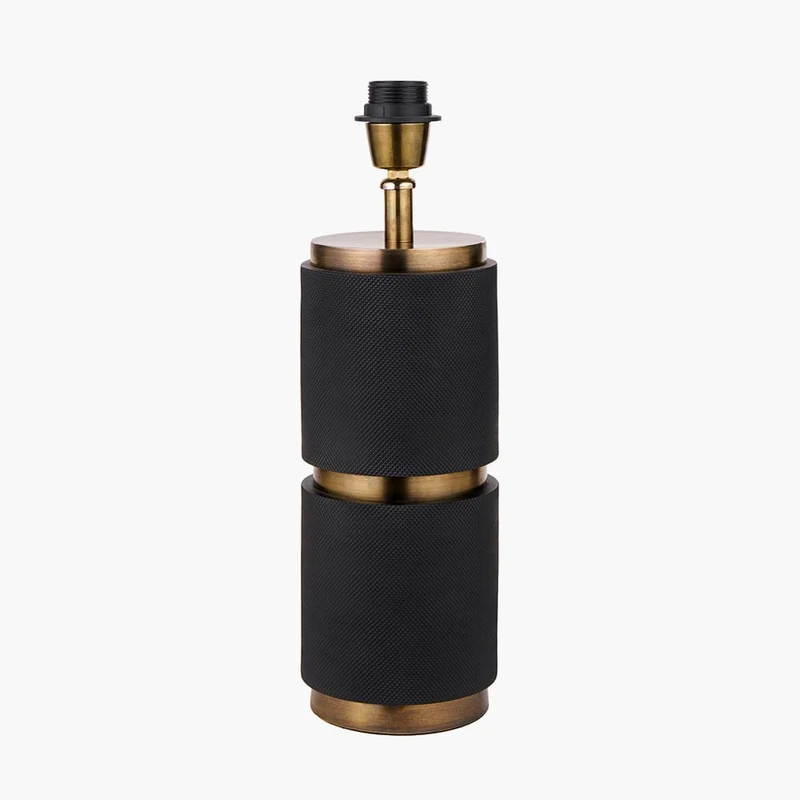 Alnico Black and Brass Metal Textured Table Lamp Base with Quinn 35cm Slubby Hopsack Cylinder Shade