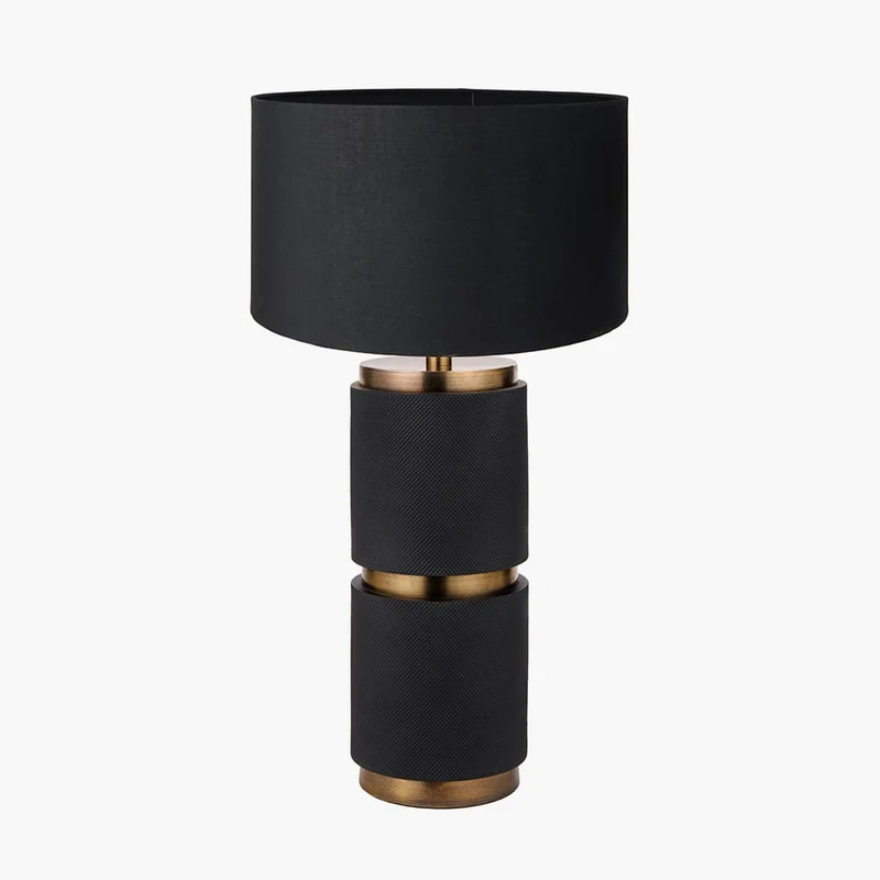 Alnico Black and Brass Metal Textured Table Lamp Base with Harry 35cm Black Cotton Mix Cylinder Lampshade
