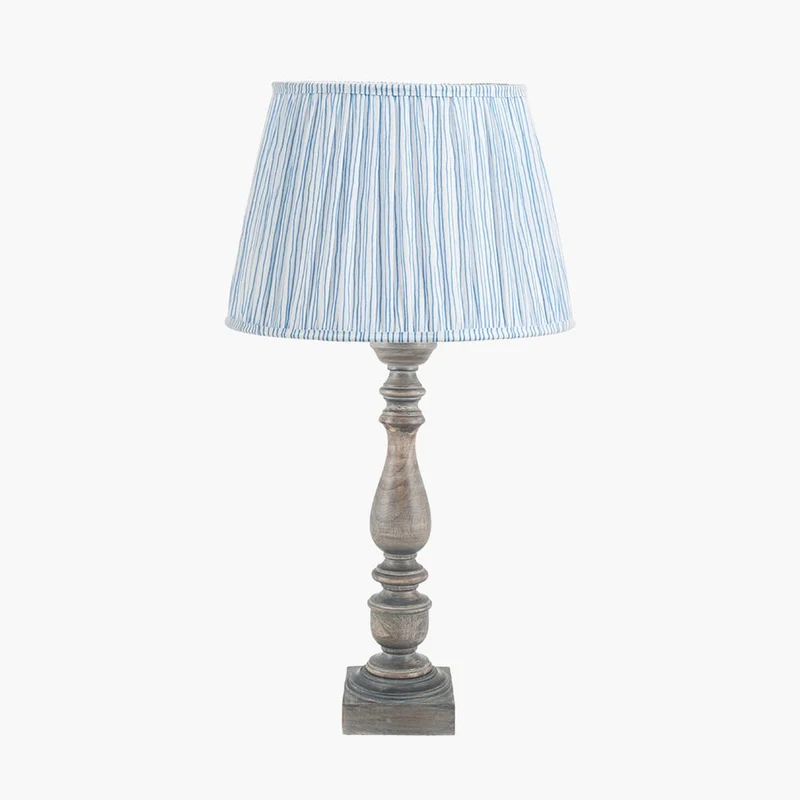 Alia Grey Wash Turned Mango Wood Table Lamp Base with Thiago 45cm Ocean Blue Stripe Mushroom Pleat Tapered Lampshade